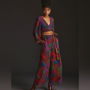 Anthropologie Farm Rio Colorful Leaves Wide Leg Jumpsuit Keyhole Back NWT
